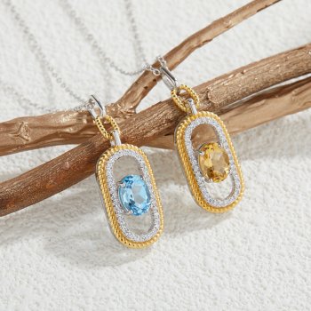 S925 Sterling Silver Pendant Necklace with Natural Citrine and Topaz Gemstones